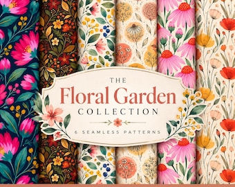 Retro Floral Seamless Pattern Collection, Folk Botanical Digital Papers, Coral Floral Fabric (Commercial Use)
