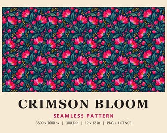 Pink Floral Seamless Pattern, Navy Painted Flower Digital Paper, Bold Fuchsia Botanical Fabric, Crimson Bloom (Commercial Use)