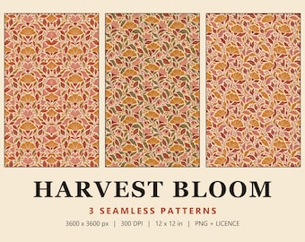 Autumn Floral Seamless Pattern Set, 3 Fall Ginkgo, Lily & Poppy Digital Papers, Harvest Bloom (Commercial Use)