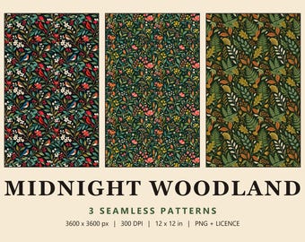 Dark Botanical Seamless Pattern Set, 3 Moody Songbird, Wildflower and Fern Digital Papers, Midnight Woodland (Commercial Use)