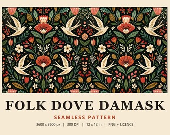 Folk Dove Seamless Pattern, Dark Scandi Bird Damask Digital Paper, Moody Floral Fabric Print, Folk Dove Damask (Commercial Use)