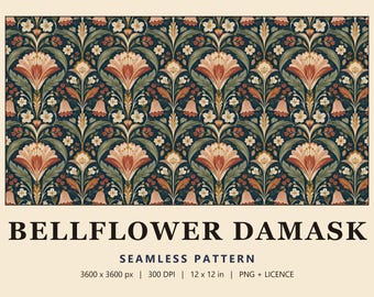 Navy Folk Floral Seamless Pattern, William Morris Style Damask Digital Paper, Bellflower Damask (Commercial Use)