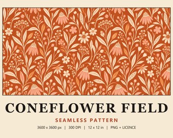 Terracotta Floral Seamless Pattern, Boho Coneflower Digital Paper, Rust Wildflower Fabric Print, Coneflower Field (Commercial Use)