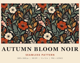 Dark Autumn Floral Seamless Pattern, Moody Rust and Cream Flower Digital Paper, Folk Botanical Print, Autumn Bloom Noir (Commercial Use)