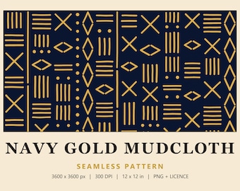 Navy Mudcloth Seamless Pattern, Gold Boho Geometric Digital Paper, Tribal Fabric Print, Navy Gold Mudcloth (Commercial Use)