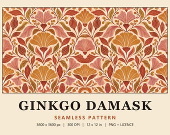 Ginkgo Damask Seamless Pattern, Autumn Floral Digital Paper, Rust and Mustard Art Deco Fabric Print (Commercial Use)
