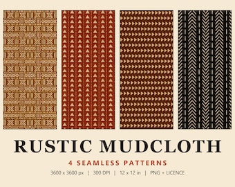 Rustic Mudcloth Seamless Pattern Set, 4 Boho Tribal Digital Papers, Rust & Black (Commercial Use)