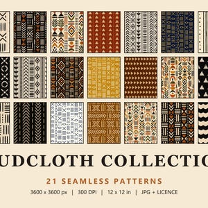 Mudcloth Seamless Pattern Bundle, 21 Boho Tribal Digital Papers, Black Rust Ochre Navy Mud Cloth, Mudcloth Collection (Commercial Use)