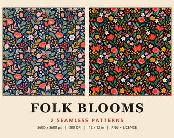 Folk Floral Seamless Pattern Set, 2 Bright Scandi Flower Digital Papers, Navy and Black Botanical, Folk Blooms (Commercial Use)