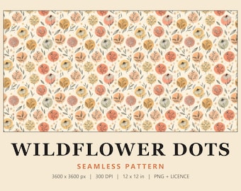 Watercolor Wildflower Seamless Pattern, Boho Floral Dot Digital Paper, Peach Coneflower Fabric, Wildflower Dots (Commercial Use)