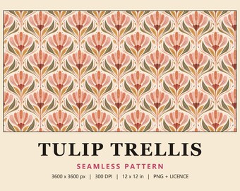 Art Deco Tulip Seamless Pattern, Blush Pink Floral Wallpaper Digital Paper, Retro Tulip Fabric Print (Commercial Use)
