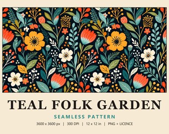 Teal Folk Floral Seamless Pattern, Bright Scandi Flower Digital Paper, Golden Bloom and Tulip Print, Teal Folk Garden (Commercial Use)