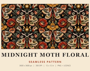 Dark Moth Seamless Pattern, Moody Floral Digital Paper, Folk Art Moth and Flower Fabric Print, Midnight Moth Floral (Commercial Use)