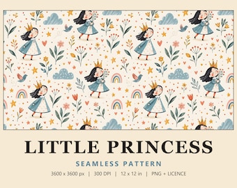 Princess Seamless Pattern, Girls Crown Digital Paper, Rainbow, Bird & Flower Nursery Print, Little Princess (Commercial Use)