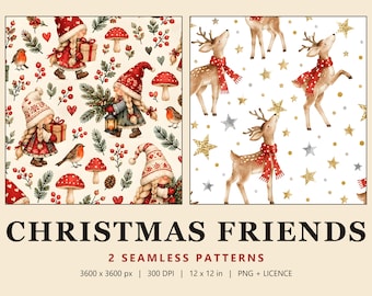 Kids Christmas Seamless Patterns, Watercolor Gnomes, Reindeer & Robins Digital Paper (Commercial Use)
