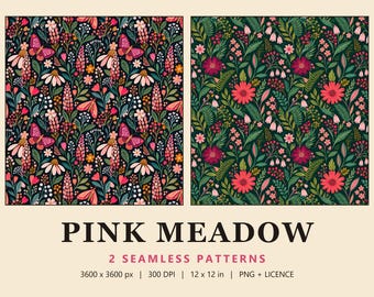 Pink Wildflower Seamless Pattern Set, 2 Butterfly and Coneflower Digital Papers, Dark Botanical, Pink Meadow (Commercial Use)