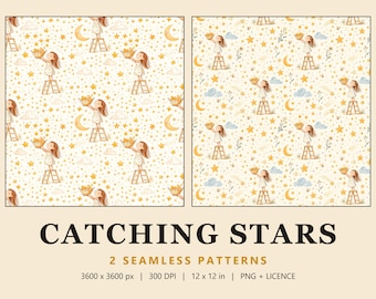Star Seamless Pattern Set, 2 Girls Nursery Digital Papers, Moon, Clouds & Gold Stars, Catching Stars (Commercial Use)