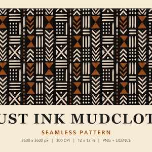 May include: A seamless pattern featuring a black background with repeating geometric shapes in white and rust orange. The design includes vertical stripes of triangles, dots, and lines. Text reads RUST INK MUDCLOTH SEAMLESS PATTERN 3600 x 3600 px 300 DPI 12 x 12 in PNG + LICENCE.