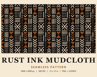 Black Mudcloth Seamless Pattern, Boho Tribal Digital Paper, Rust and Cream Mud Cloth Print, Rust Ink Mudcloth (Commercial Use)