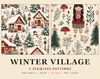 Vintage Christmas Seamless Patterns, Snowy Village Digital Paper, Winter Cottage Gift Wrap (Commercial Use)