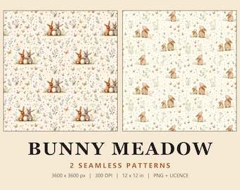 Bunny Seamless Pattern Set, 2 Watercolor Spring Nursery Digital Papers, Butterflies & Wildflowers, Bunny Meadow (Commercial Use)