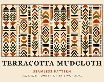 Terracotta Mudcloth Seamless Pattern, Boho African Inspired Digital Paper, Earthy Tribal Fabric Print (Commercial Use)