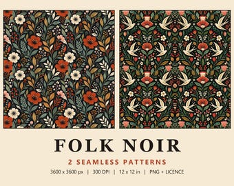 Dark Folk Floral Seamless Pattern Set, 2 Moody Dove Damask and Autumn Flower Digital Papers, Folk Noir (Commercial Use)
