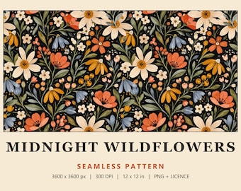 Black Floral Seamless Pattern, Dark Boho Wildflower Digital Paper, Midnight Wildflowers (Commercial Use)