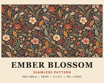 Dark Floral Seamless Pattern, Moody Autumn Flower Digital Paper, Charcoal Botanical Fabric Print, Ember Blossom (Commercial Use)