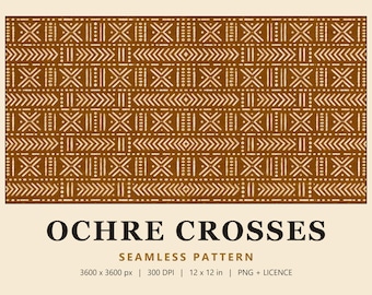 Mudcloth Seamless Pattern, Ochre Bogolan Digital Paper, Mustard Boho Tribal Fabric Print, Ochre Crosses (Commercial Use)
