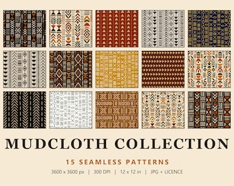 Mudcloth Seamless Pattern Bundle, 15 Boho Tribal Digital Papers, Black Rust Ochre Navy Mud Cloth, Mudcloth Collection (Commercial Use)