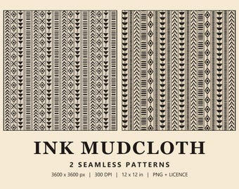 Black and Cream Mudcloth Seamless Pattern Set, 2 Boho Tribal Digital Papers, Neutral Mud Cloth Print, Ink Mudcloth (Commercial Use)