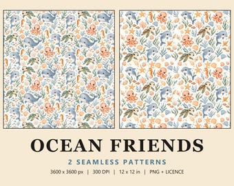 Ocean Animal Seamless Pattern Set, 2 Watercolor Under the Sea Nursery Digital Papers, Whale & Dolphin Print, Ocean Friends (Commercial Use)