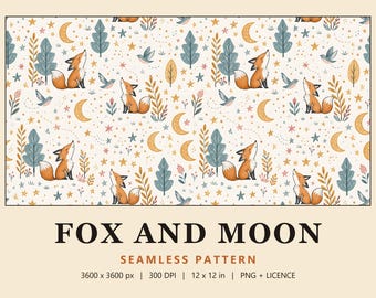 Fox Seamless Pattern, Woodland Nursery Digital Paper, Moon, Stars & Trees Kids Print, Fox and Moon (Commercial Use)