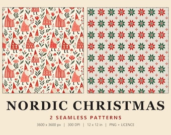 Scandinavian Christmas Seamless Patterns, Nordic Gnome & Fair Isle Digital Paper (Commercial Use)