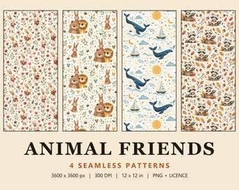 Kids Animal Seamless Pattern Bundle, 4 Nursery Digital Papers, Bunny, Bear & Lion, Whale, Raccoon, Animal Friends (Commercial Use)