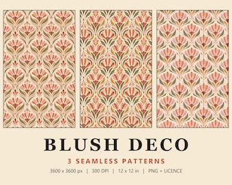 Art Deco Tulip Seamless Pattern Set, 3 Blush Pink Floral Digital Papers, Blush Deco (Commercial Use)