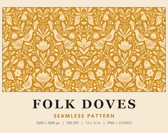 Folk Bird Seamless Pattern, Mustard Scandi Dove Digital Paper, Block Print Damask Fabric, Folk Doves (Commercial Use)