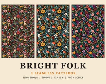 Bright Folk Floral Seamless Pattern Set, 3 Colorful Scandi Flower Digital Papers on Black, Bright Folk (Commercial Use)