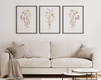 Wildflower Set of 3 Prints, Neutral Color Floral Wall Art, Beige Home Decor, Boho Art, Neutral Home Decor, Flower Print, Wild Flower DIGITAL