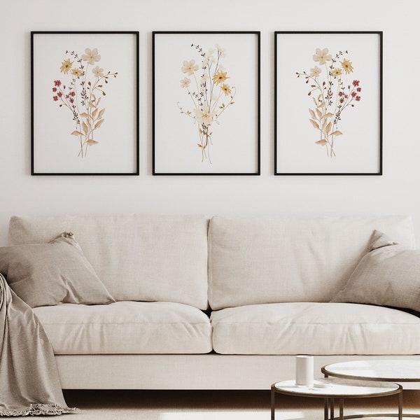 Wildflower Set of 3 Prints, Neutral Color Floral Wall Art, Beige Home Decor, Boho Art, Neutral Home Decor, Flower Print, Wild Flower DIGITAL