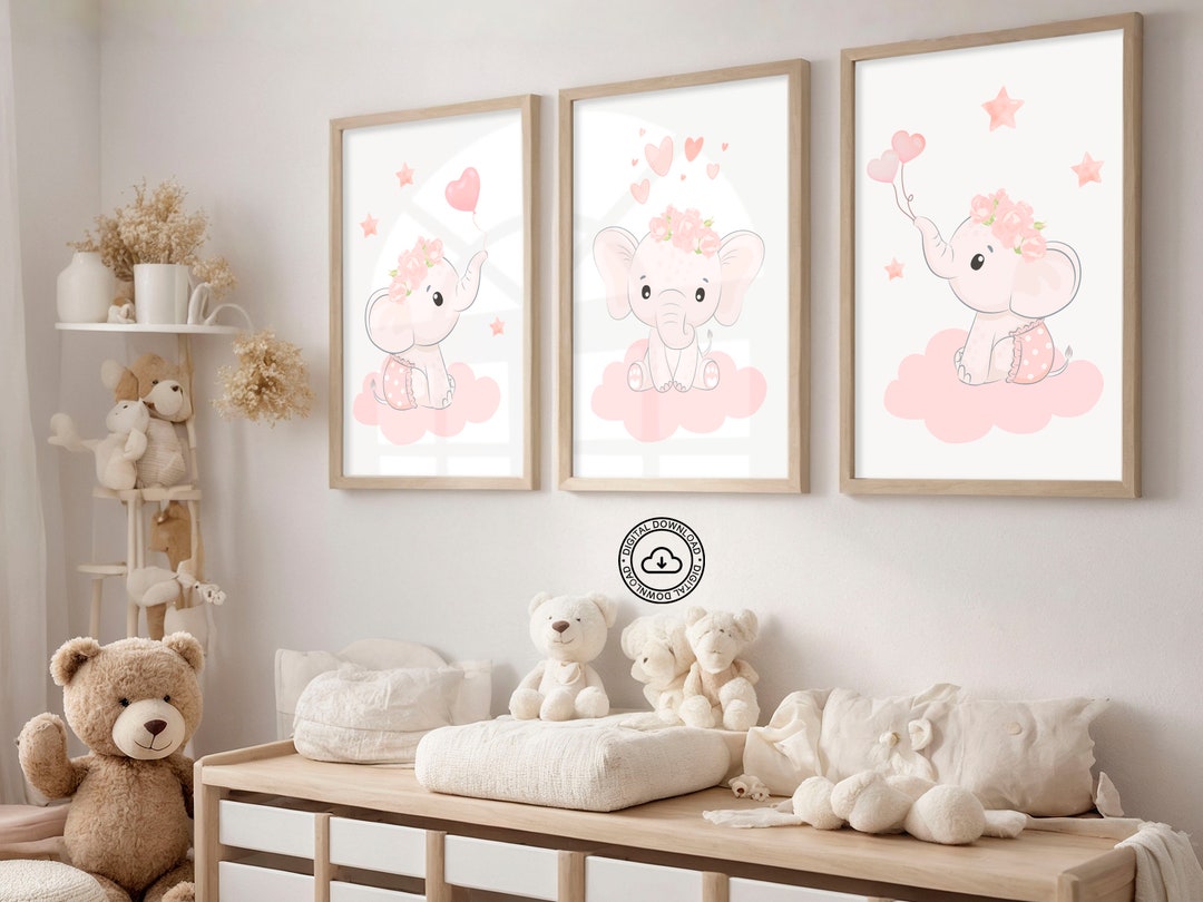 Pink Elephant Nursery Prints, Baby Girl Room Decor, Nursery Animal Wall ...