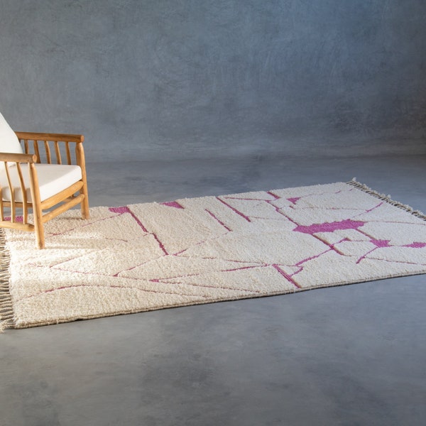 ONE-OF-A-KIND Creamy And Pink Unique Design Moroccan Rug, 9.31*6.46 Feet, Beni Ourain Rug, Handmade Soft Wool Carpet, Berber Style Rug