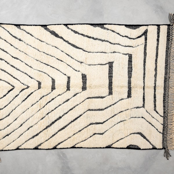 ONE-OF-A-KIND Creamy & Black Wool Striped Unique Moroccan Beni Ourain Rug, 9.35*6.66 Feet, Handwoven Berber Rug, Handmade Soft Wool Carpet