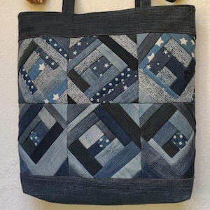 Denim draagtas blokhut | Upcycled jeans patchworktas met sterren | Handgemaakte eco-draagtas cadeau voor haar, GRATIS VERZENDING