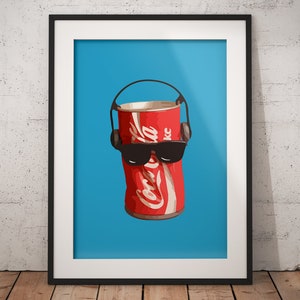 Retro Coca Cola Can Dancing to Music Print - 5 High-Res Sizes Included, Coca Cola vintage, 1980s Coke Sunglasses collectable, Wall Art