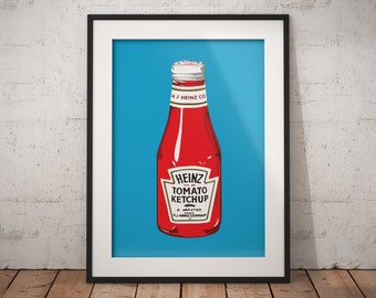 May include: A framed print featuring a stylized illustration of a Heinz Tomato Ketchup bottle against a bright blue background. The red bottle has a white cap and label with the Heinz logo and text. The print is in a black frame.