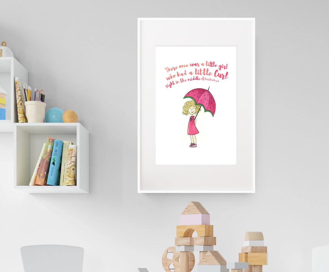 Little Girl With a Curl Watercolor Print Nursery Rhyme Art for Kids