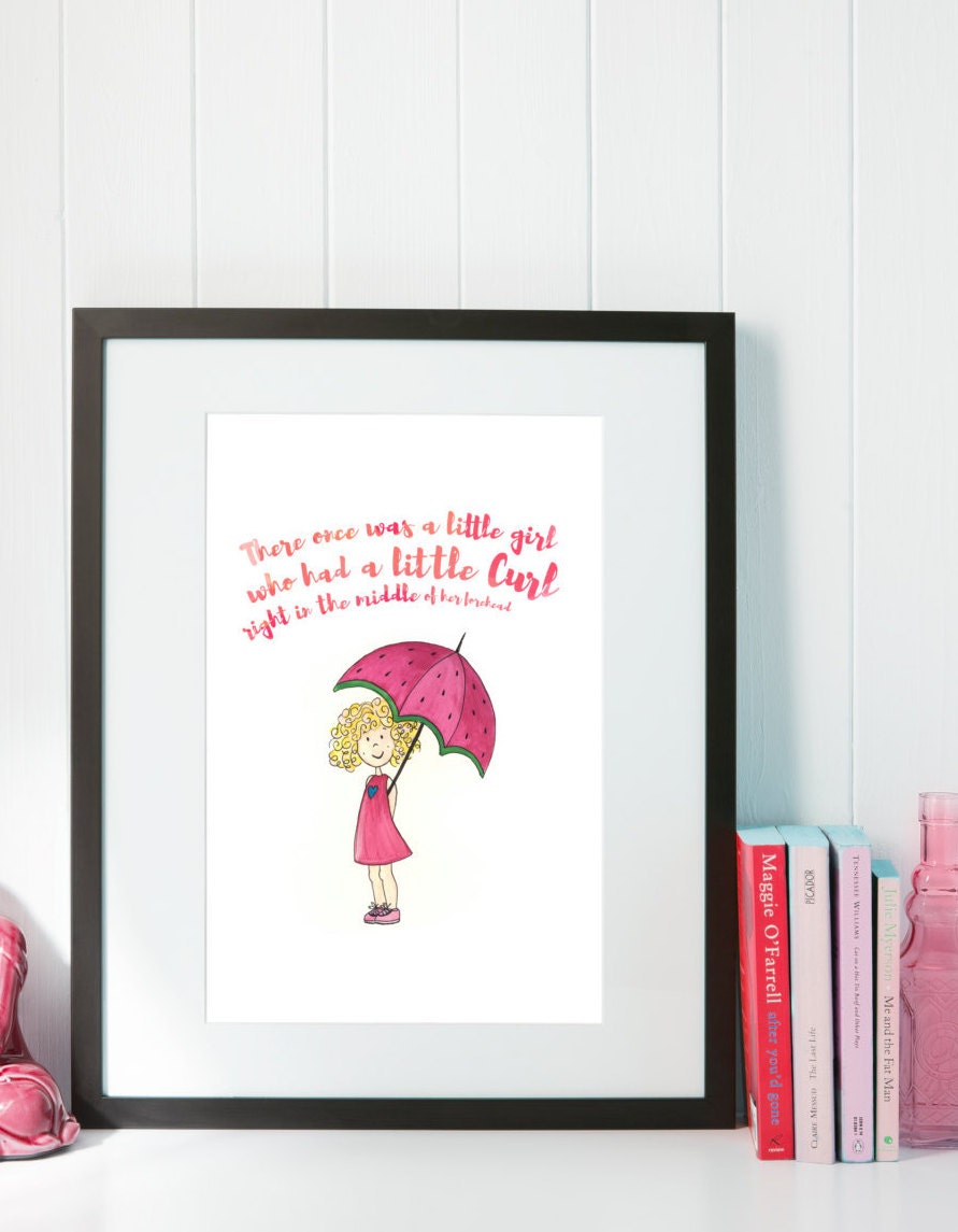 Little Girl With a Curl Watercolor Print Nursery Rhyme Art for Kids