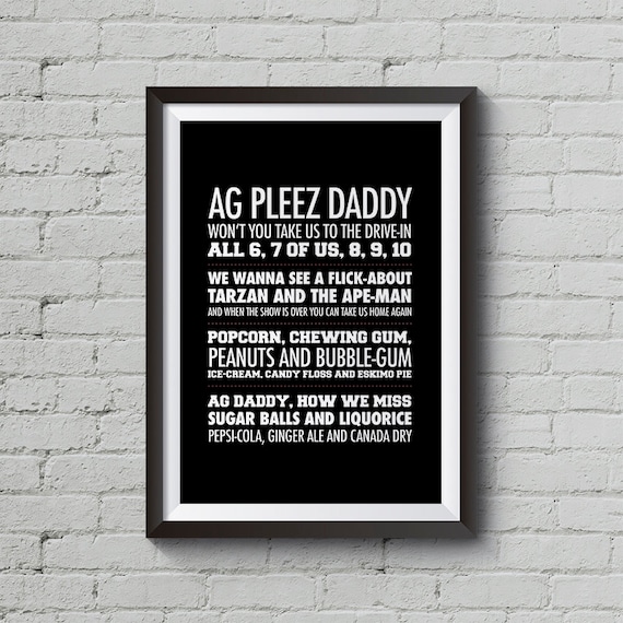 Ag Pleez Daddy Lyrics Digital Printable, Instant Download File.
